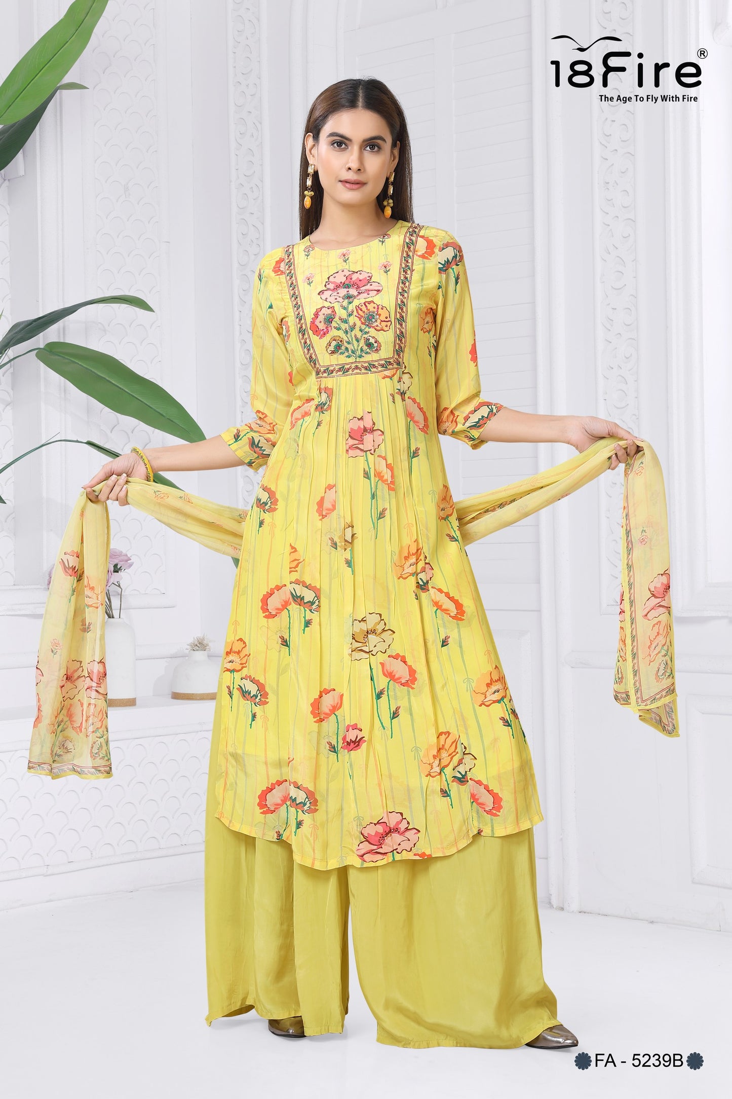 This is a yellow floral print Kurti with Palazzos and Dupatta set (FA5239B)