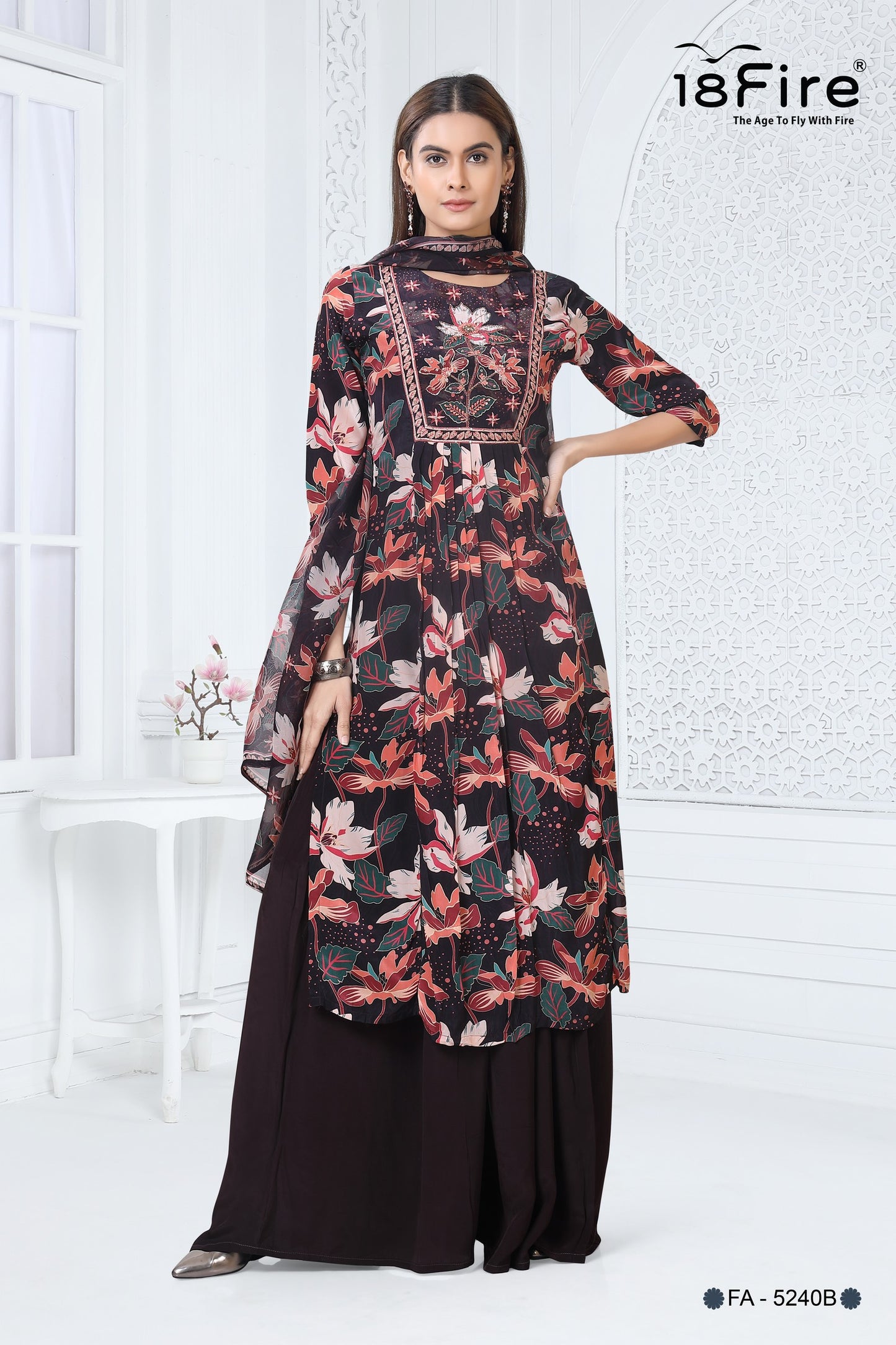 This is a black floral print Anarkali kurta with palazzo pants (FA5240B)