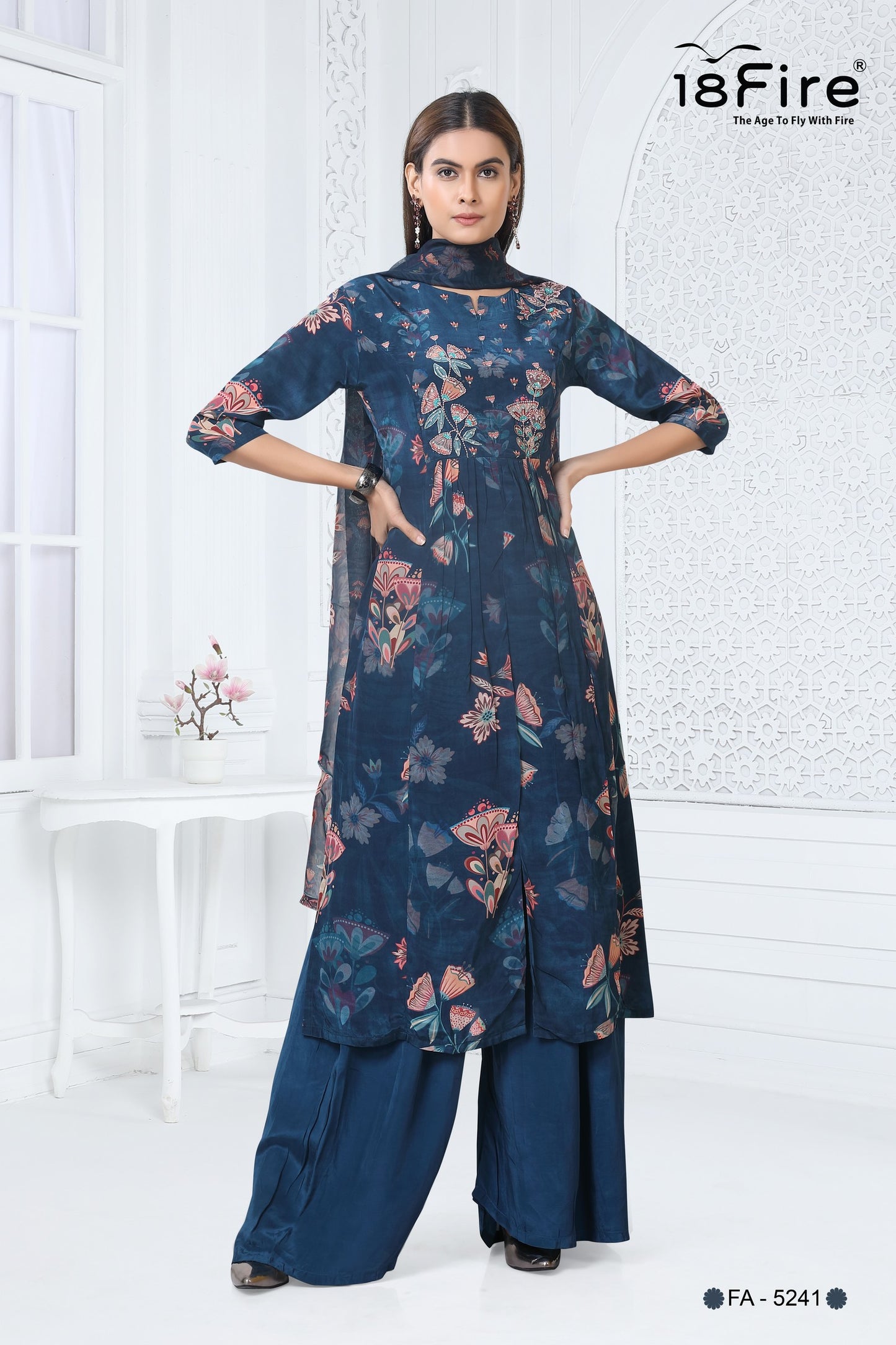This is a women's three-piece outfit, likely a 3Pcs kurti set, designed by the brand 18Fire. The outfit features a dark blue base color with a floral print in shades of pink, orange & green (FA5241)