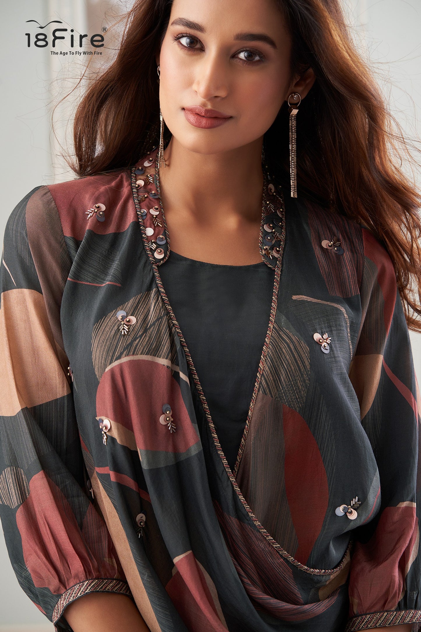Stylishly draped top adorned with modern abstract shade paired with matching bottom (LA12)