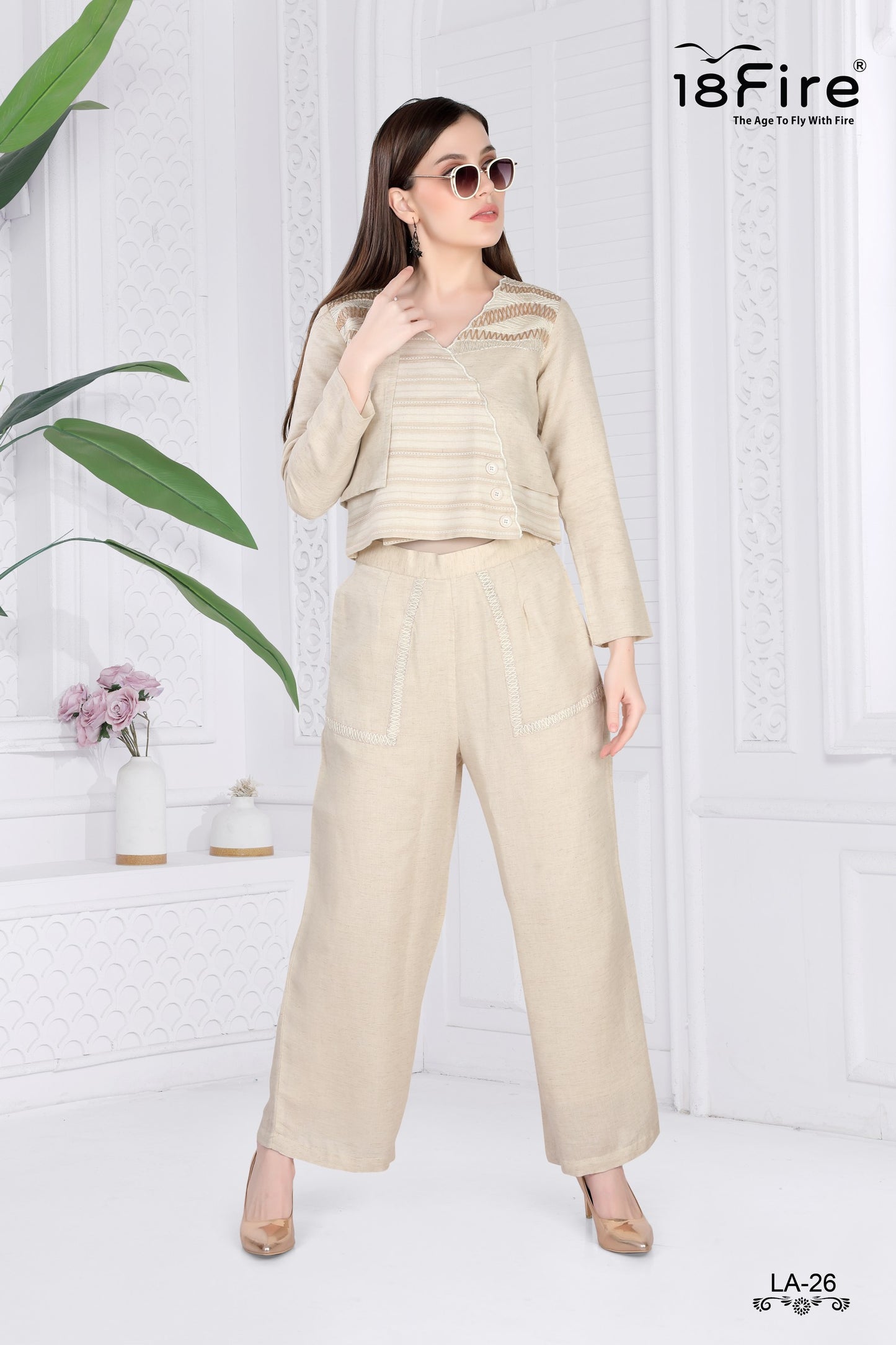 Beige linen ensemble Cord Set consisting of a V-neck top with embroidered details and wide-leg trousers (LA26)