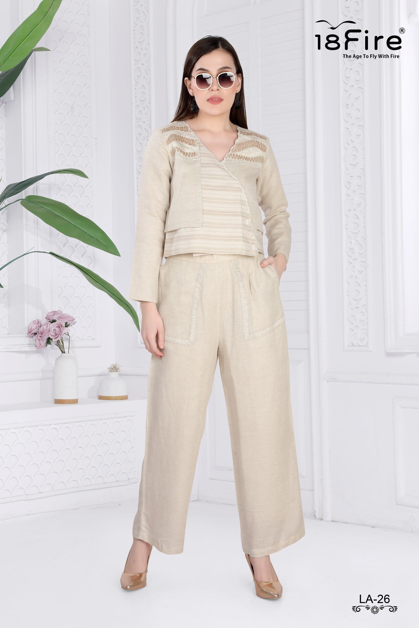 Beige linen ensemble Cord Set consisting of a V-neck top with embroidered details and wide-leg trousers (LA26)