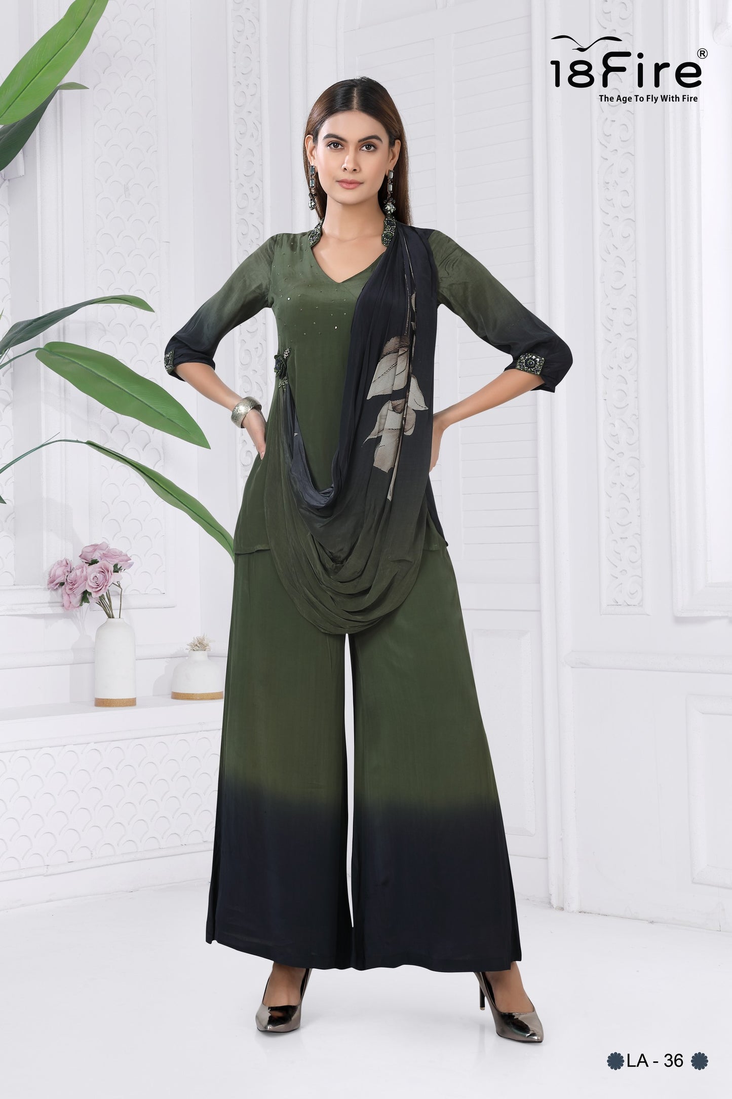 Modern Interpretation of a traditional Indian outfit with matching palazzo & draped dupatta (LA36)