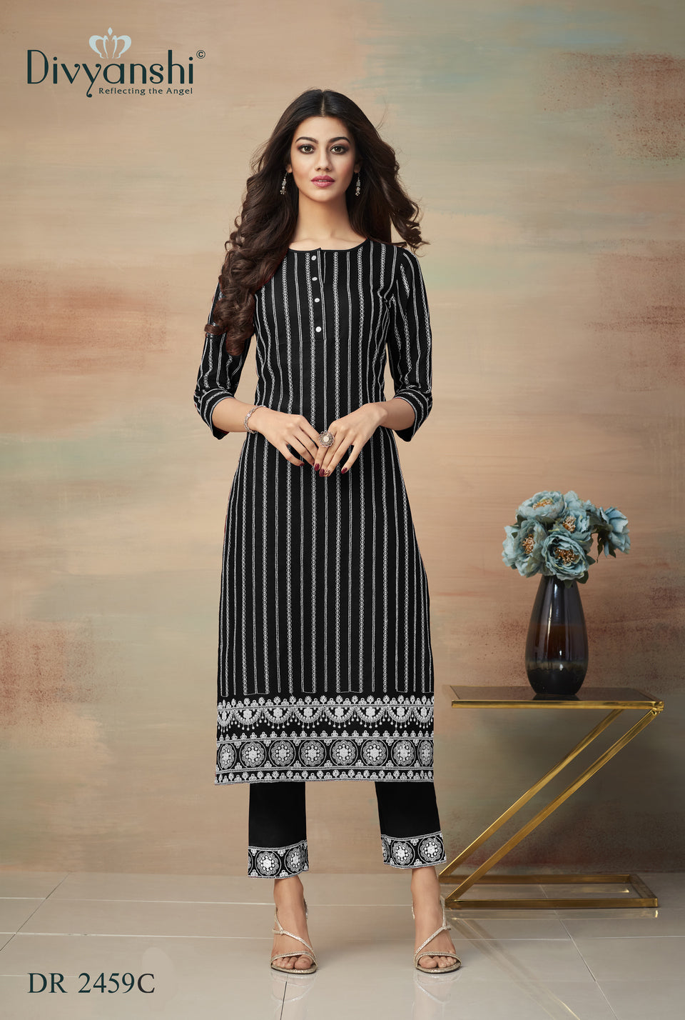 Black Printed Straight Fit Kurti with Matching Pant