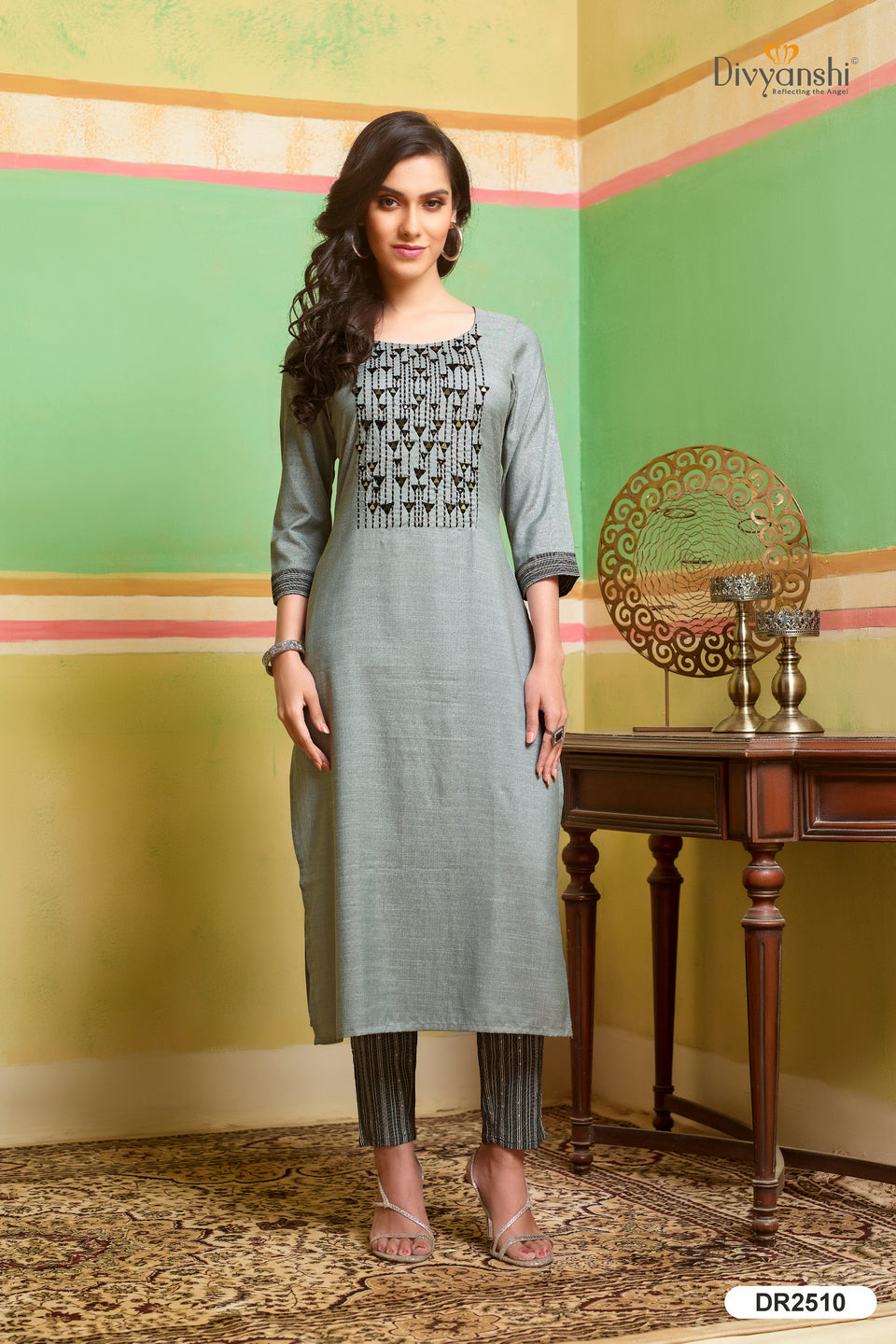 Regular Wear Straight Fit Kurti with Mirror Work and Pant Set