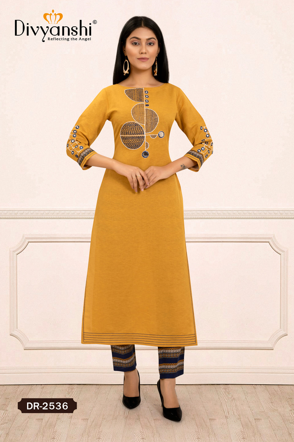 Yellow Straight Fit Kurti with Heavy Embroidery and Mirror Work