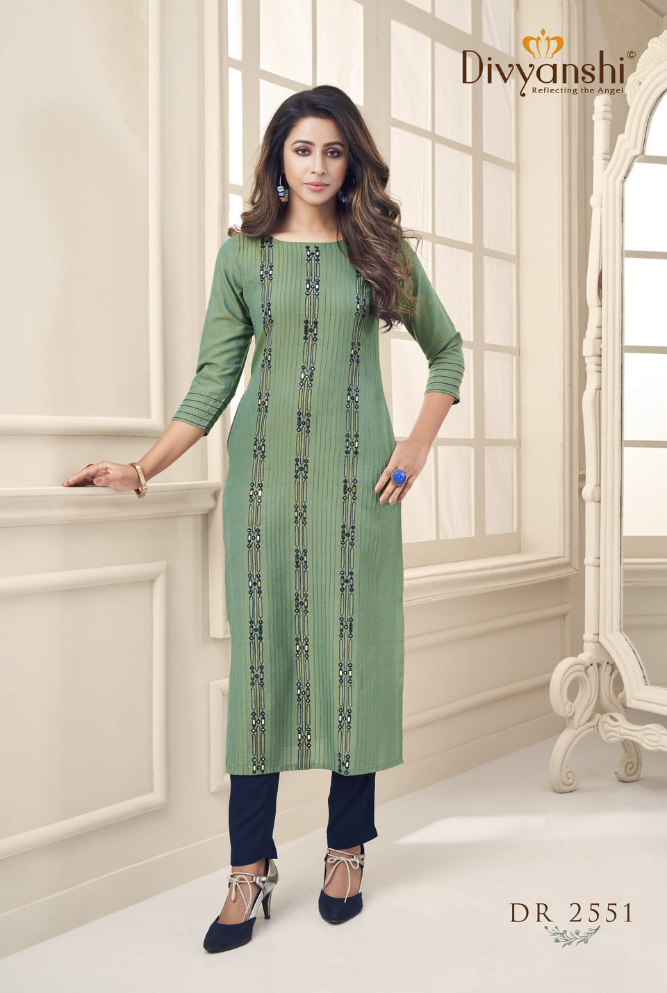 Green Straight Fit Kurti with Embroidery and Mirror Work
