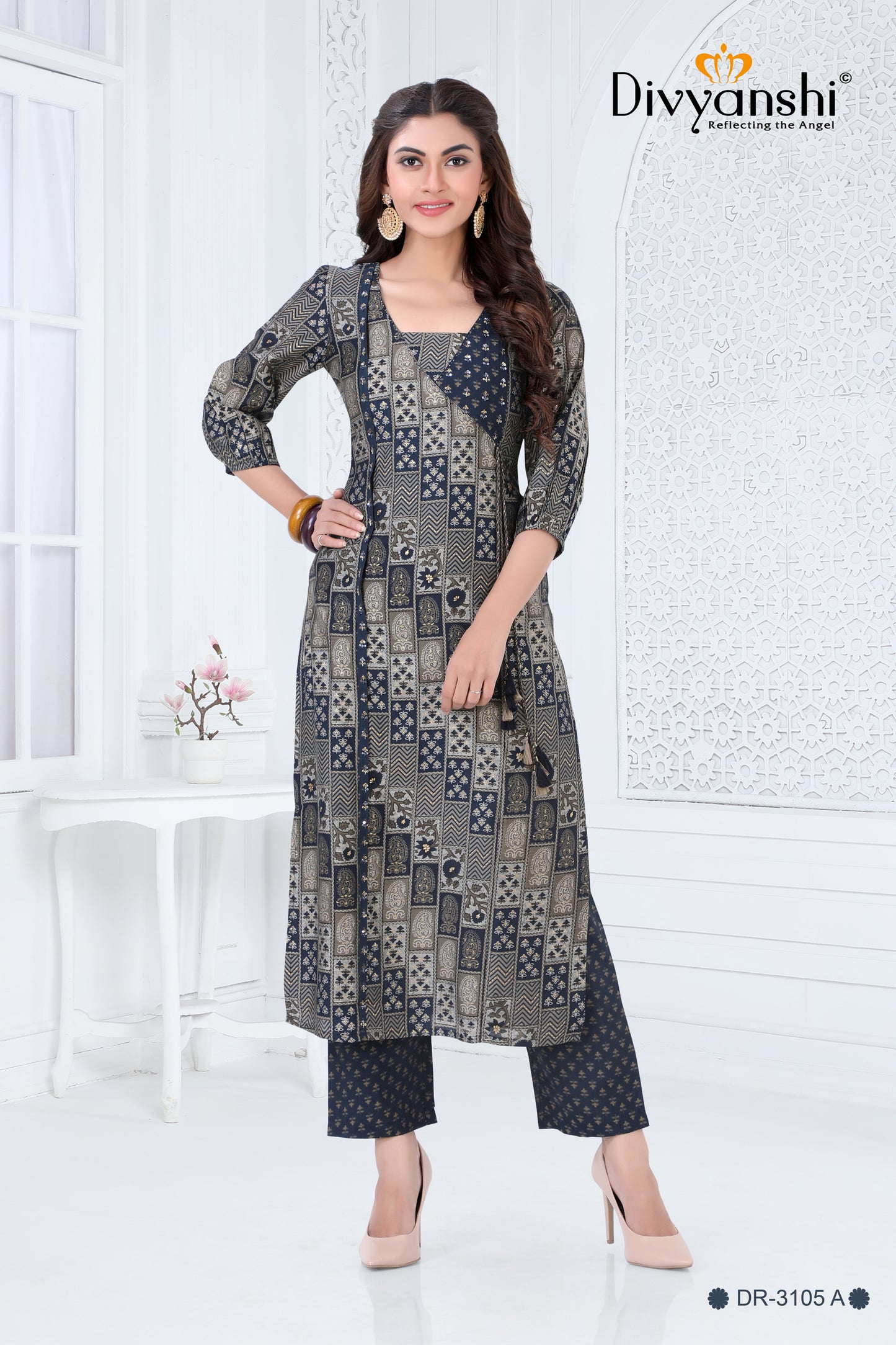 Glorious Chanderi Print Straight Kurti with matching Pant Set (DR3105A)