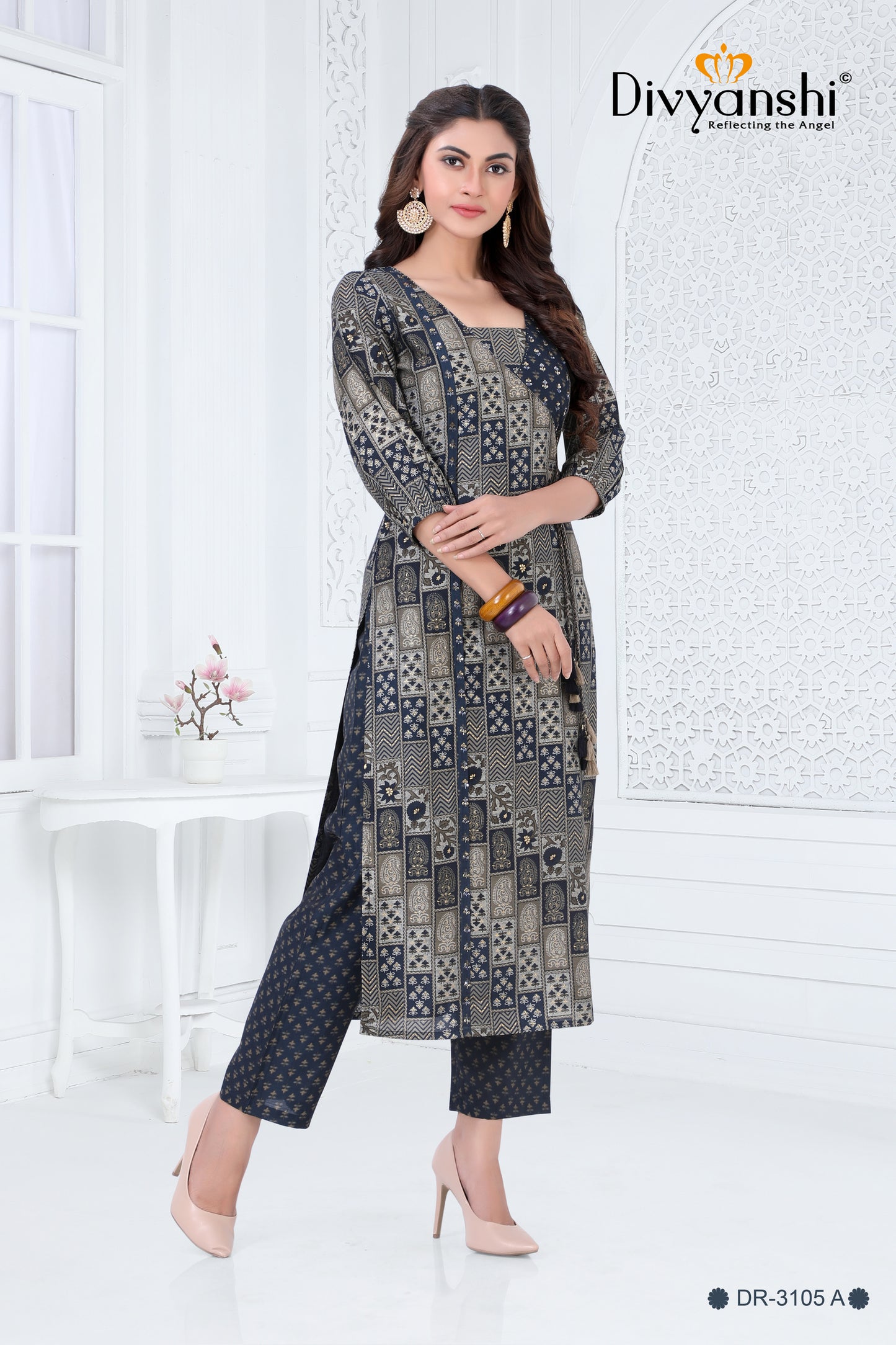 Glorious Chanderi Print Straight Kurti with matching Pant Set