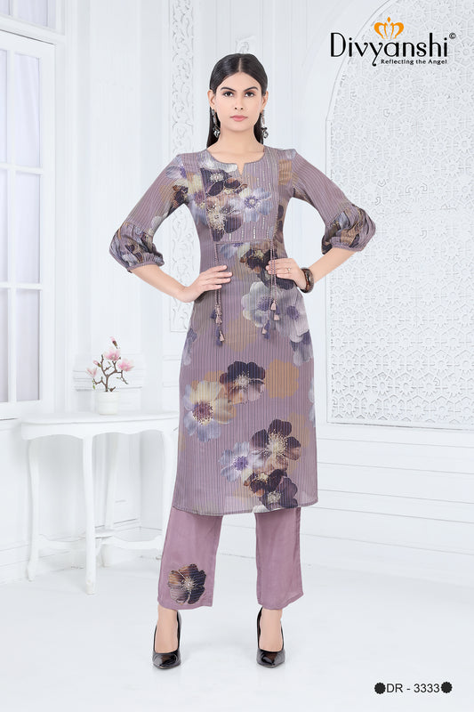 Floral and Stripe Print Designer 2 Pcs Set with Detailed Work to give elegant look (DR3333)