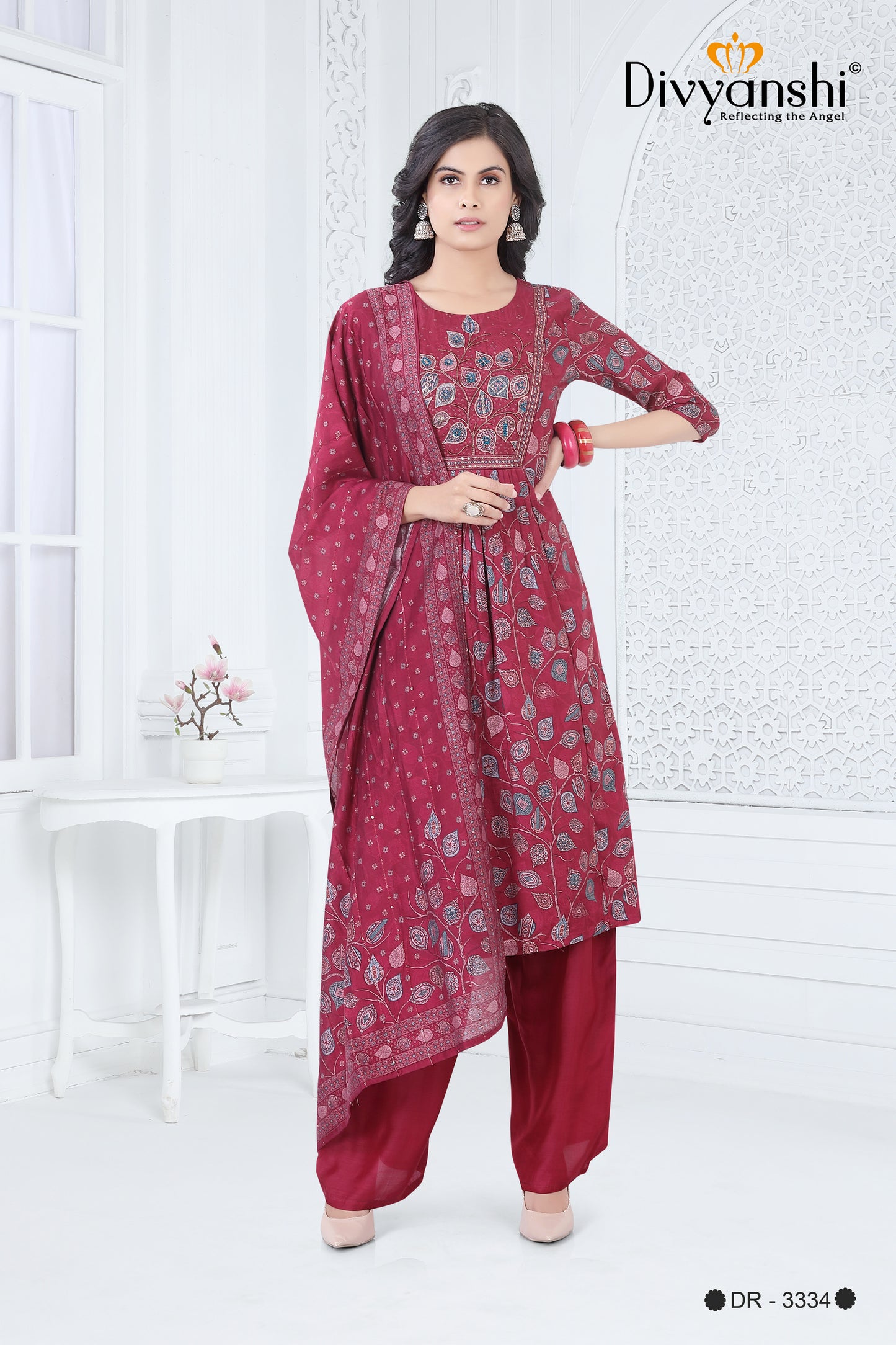 Flared Cut Designer 3 Pcs Set with detailed floral print work (DR3334)