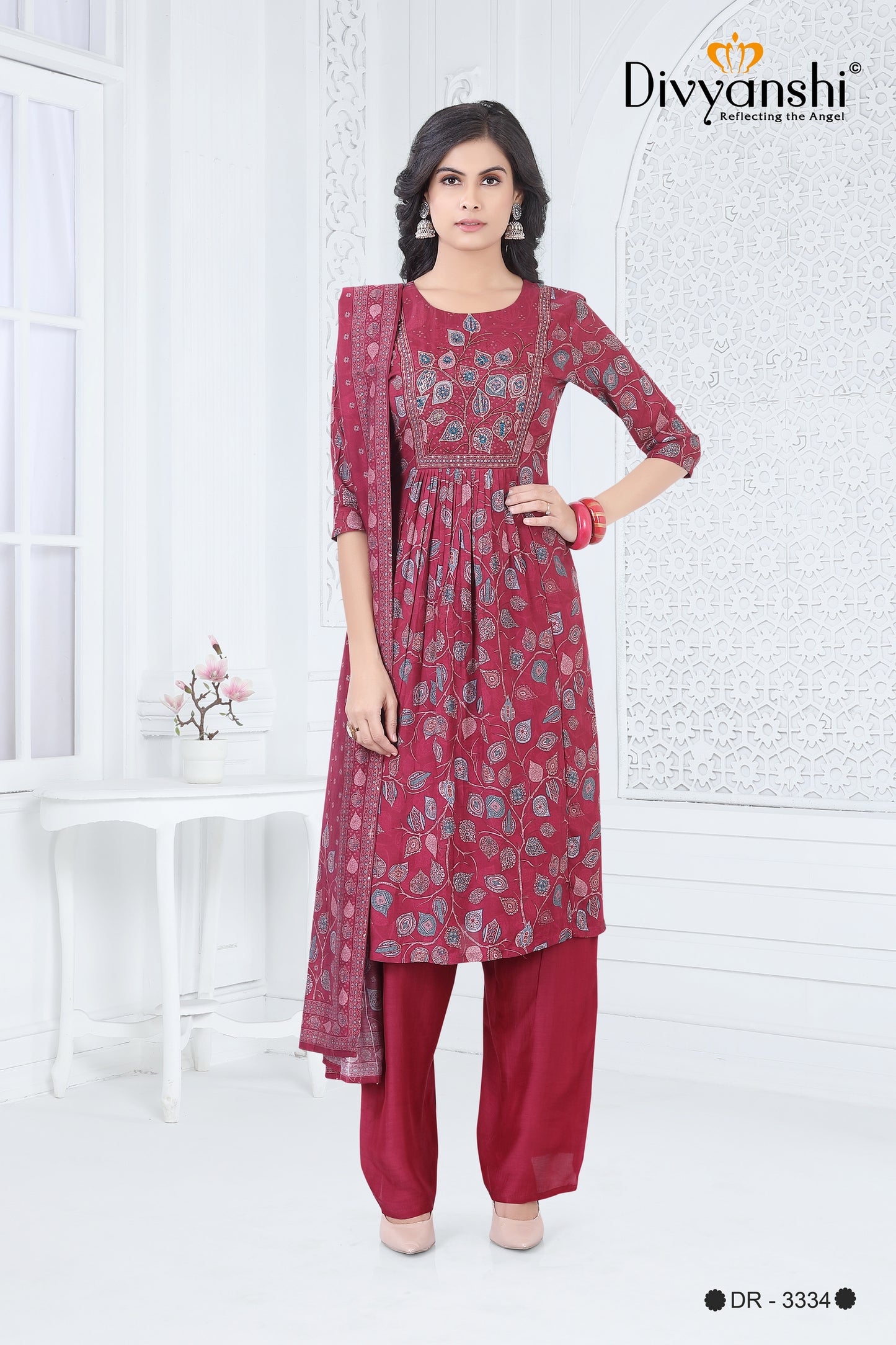 Flared Cut Designer 3 Pcs Set with detailed floral print work (DR3334)