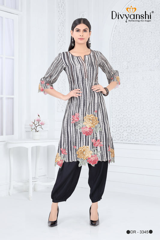 A Line Black & White Designer Kurti with hint of Floral Artwork paired with matching bottom (DR3345)