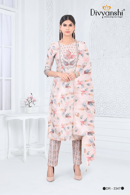 Pastel Shade Floral Print Stright Fit Design Kurti with matching Duptta and Bottom (DR3347A)