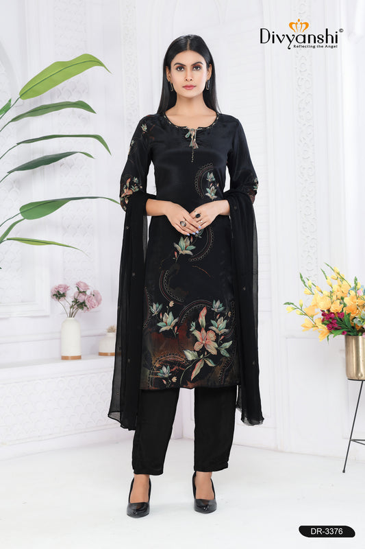 Hot Selling Bold Black Straight Fit Floral Kurti with matching and dupatta to make elegant style statement (DR3376)