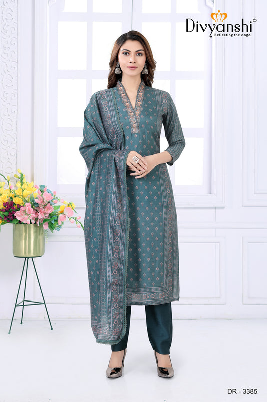 Festive Wear stylist V neck Designer Kurti with matching pant and dupatta (DR3385)