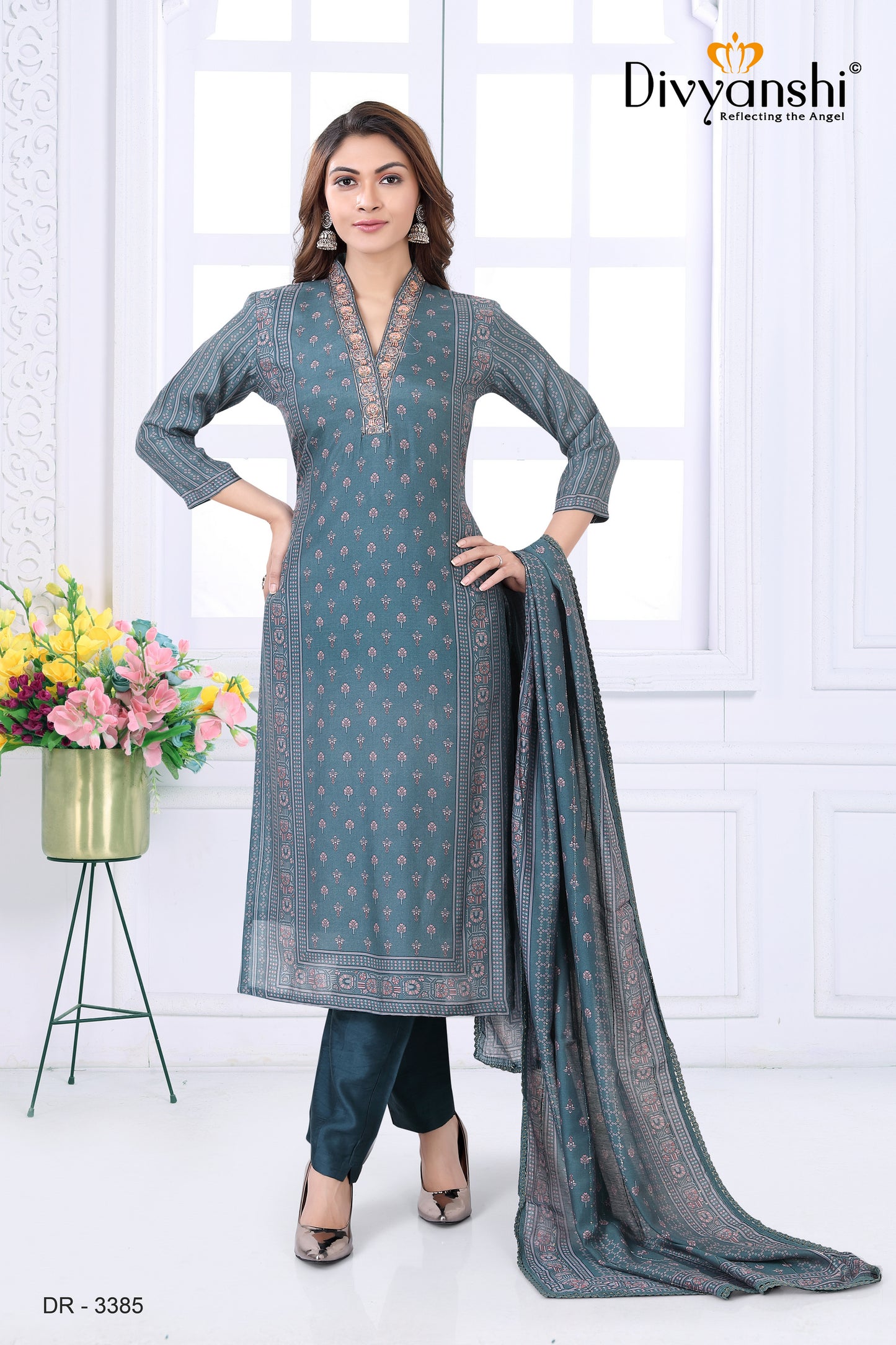 Festive Wear stylist V neck Designer Kurti with matching pant and dupatta (DR3385)