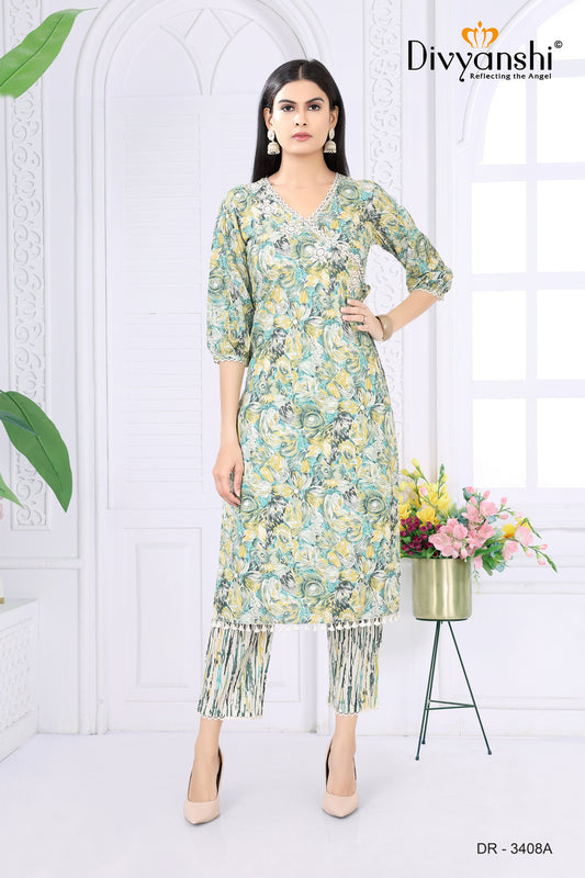 Florence theme V neck printed Kurti with matching bottom (DR3408A)