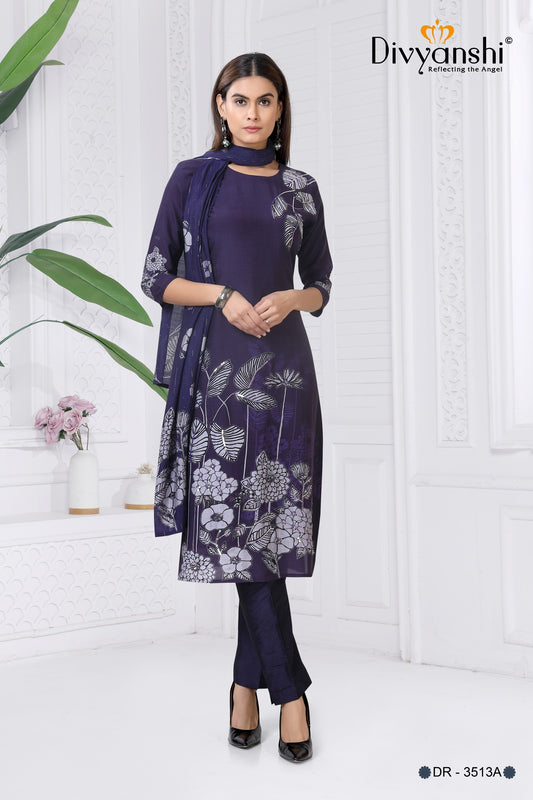 3 Pcs Straight Fit Suit featuring dark blue color with hint of floral print (DR3513A)