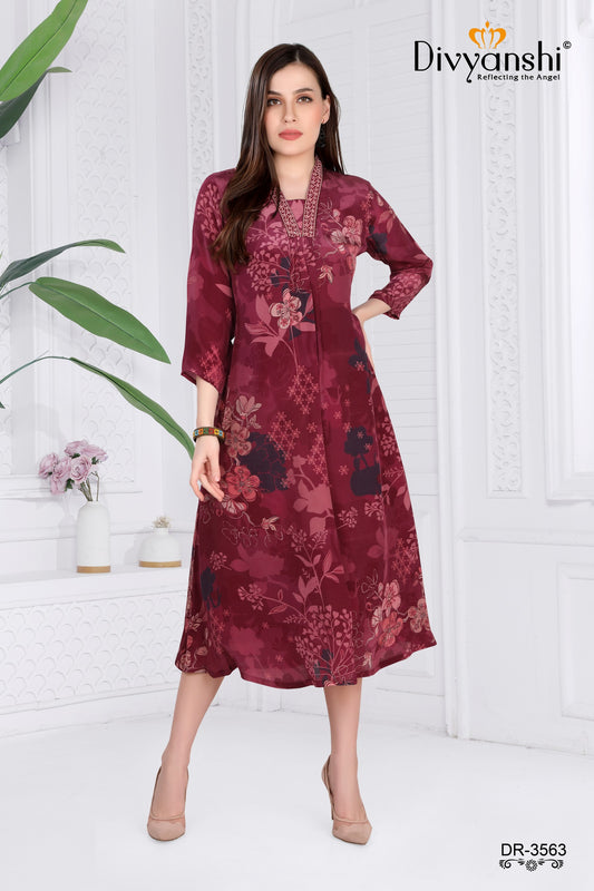 A-Line Maroon dress in Midi Pattern on floral print base (DR3563)