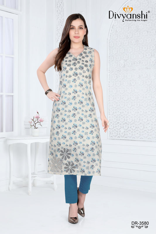 Straight Fit V neck kurti in abstract floral print designs (DR3580)
