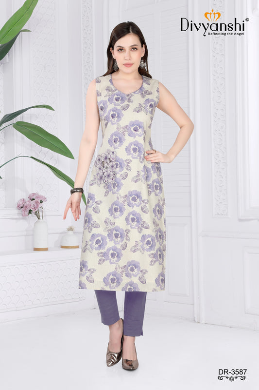 Straight Fit Knee length floral print kurti (DR3587)