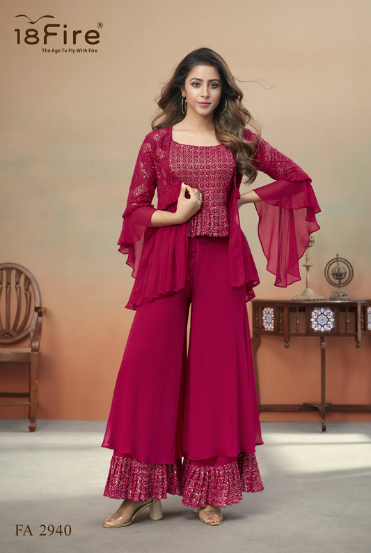 Red Designer Set in Georgette with Lucknowi Embroidery