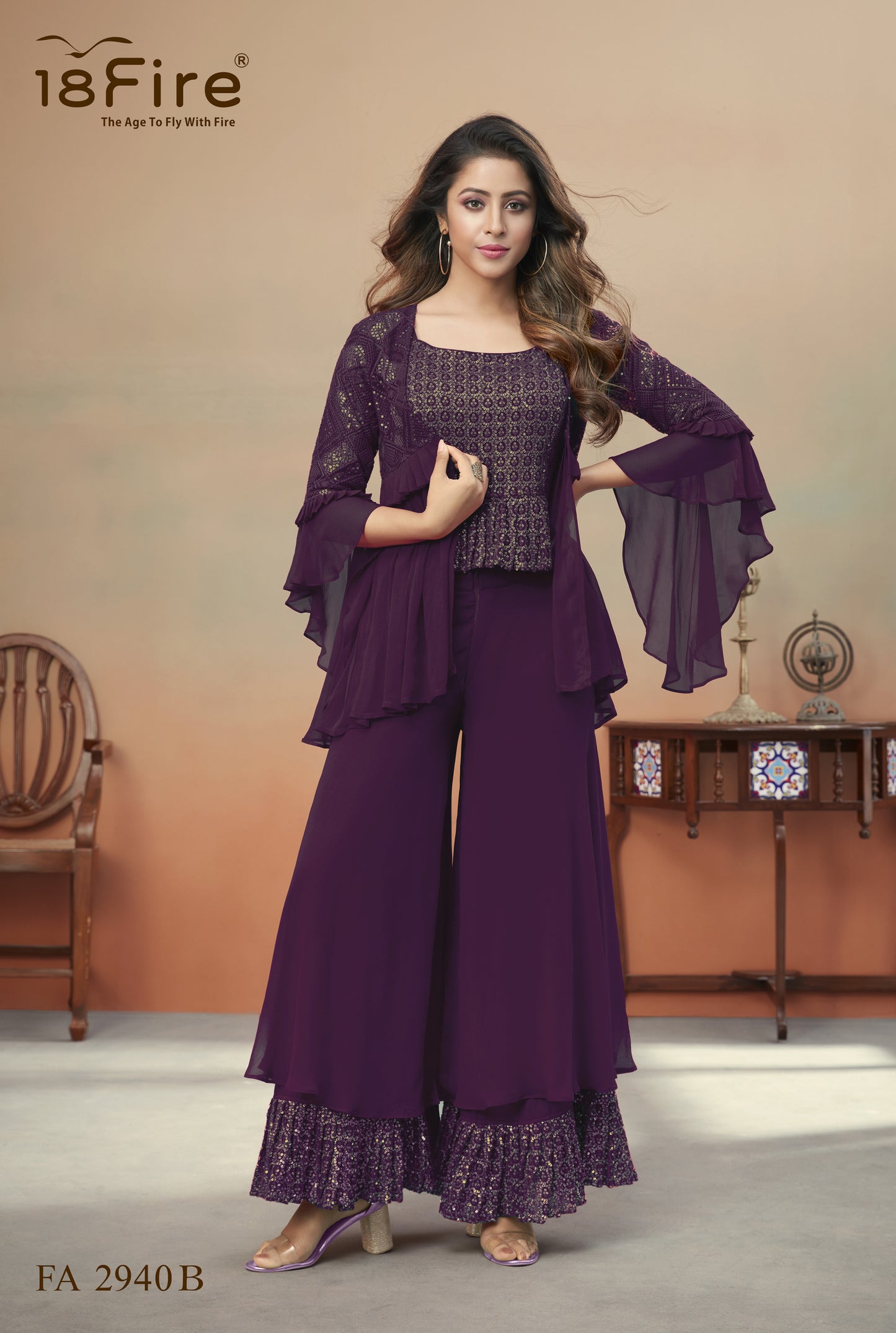 Purple Designer Set in Georgette with Lucknowi Embroidery