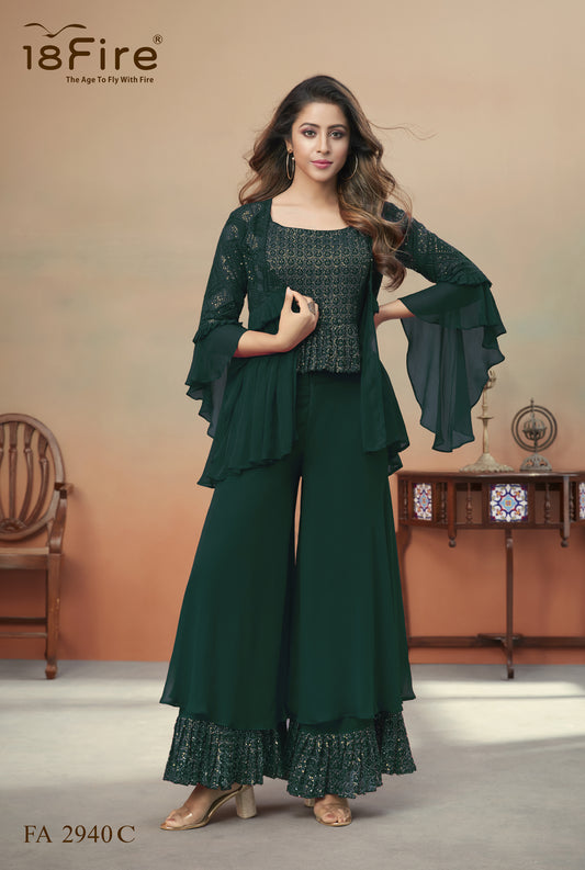 Green Designer Set in Georgette with Lucknowi Embroidery