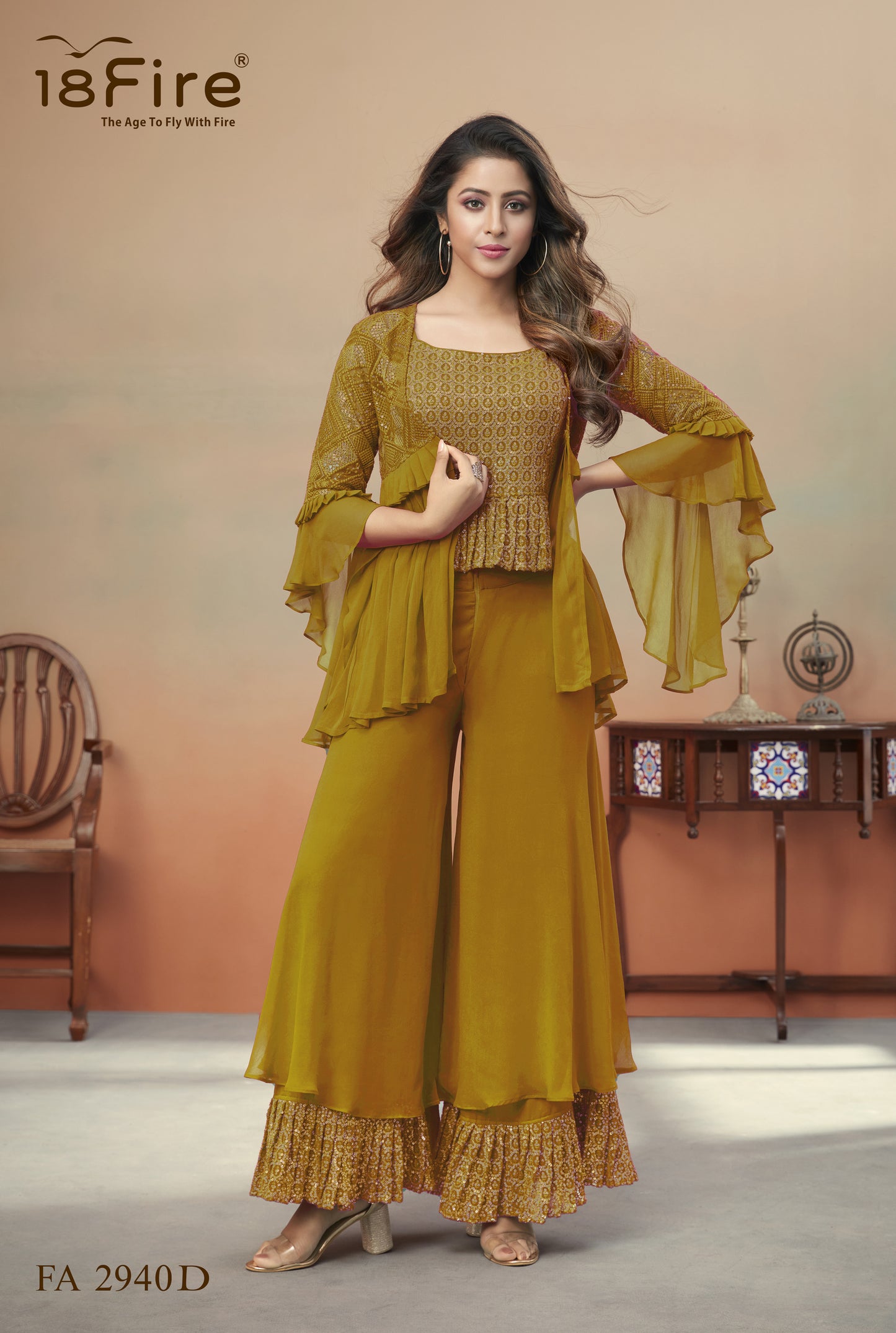 Yellow Designer Set in Georgette with Lucknowi Embroidery