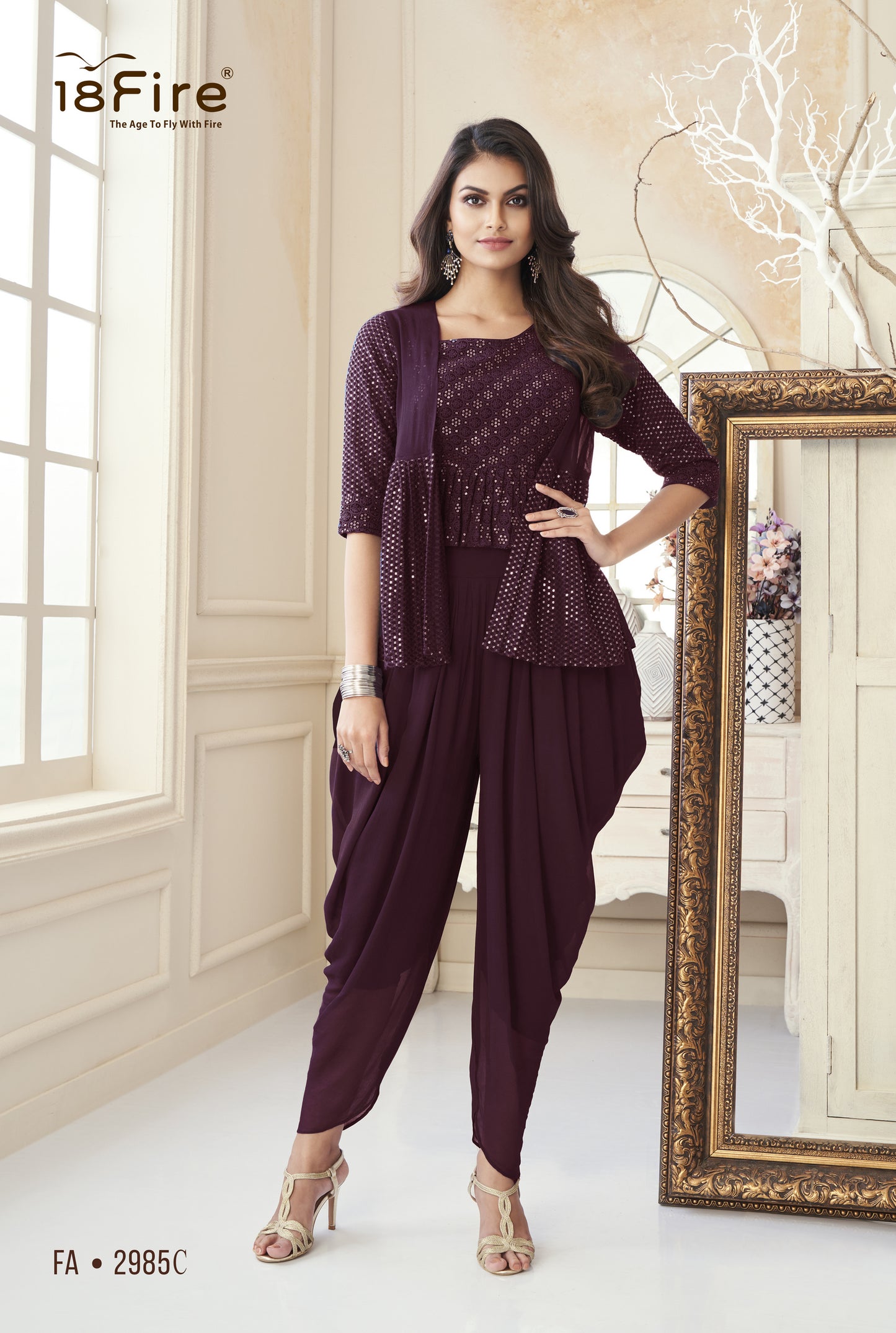 Digital Jari work flared Top with Designer Jacket Paired with Dhoti Style Pant Set