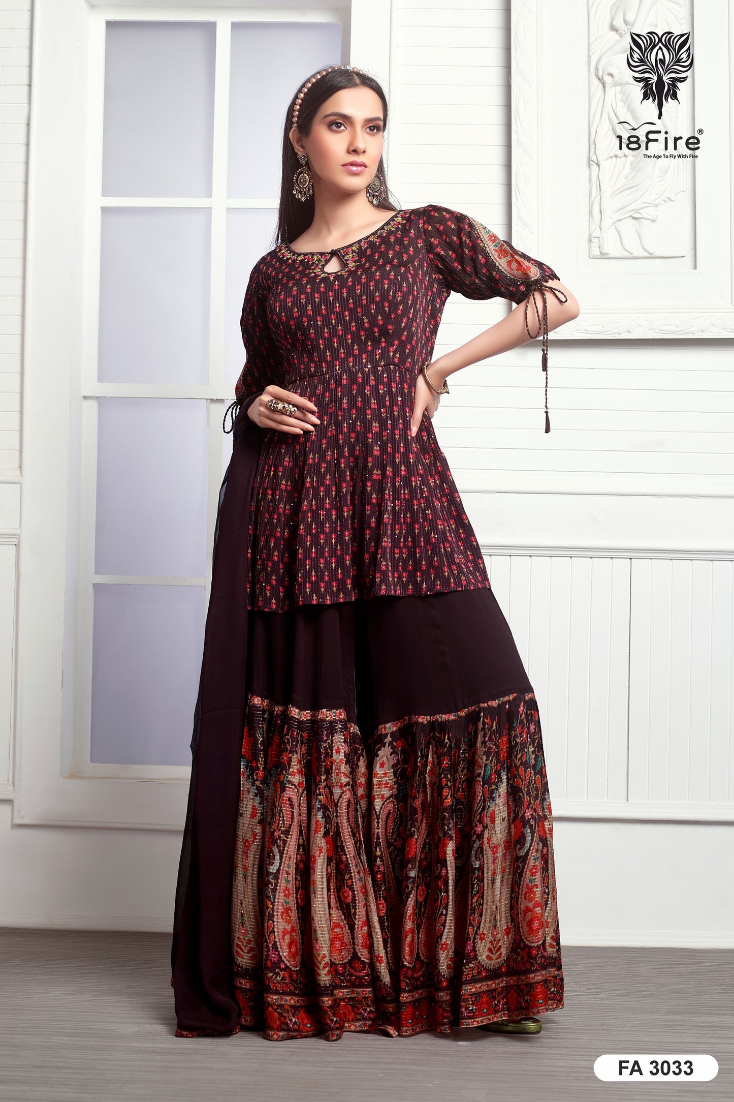 Ethnic 3 Pcs Set with Sharara Style Palazzo and Dupatta