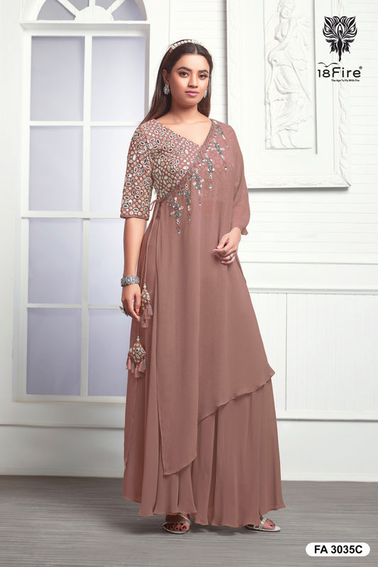 Elegant Fusion Designer Set with Crop Top Style Blouse with Matching Bottom along with Draped Saree Style Dupatta