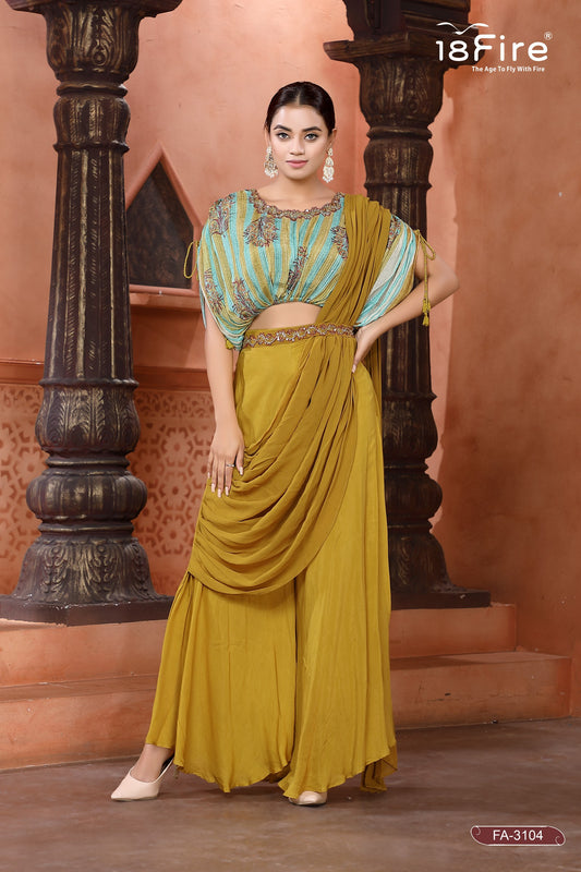 Designer Croptop with detailed handwork on hemline paired with matching palazzo and draped style dupatta