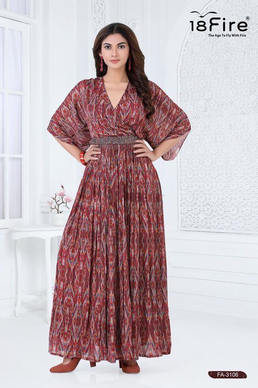 Western Style Designer Long Gown with V neck and flared pattern