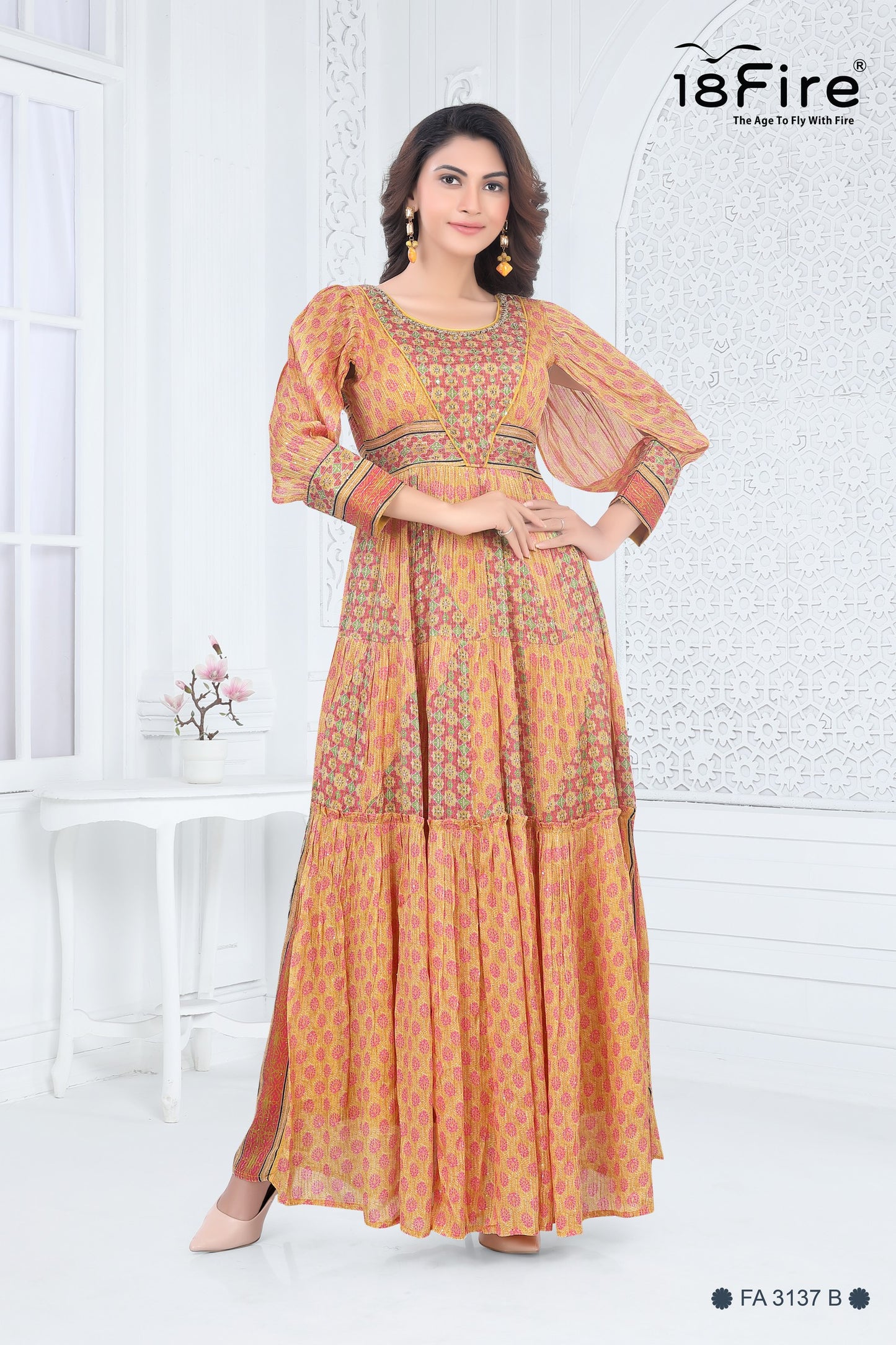 Printed Long Gown made from Chanderi Silk with hint of fancy border work to give classy look