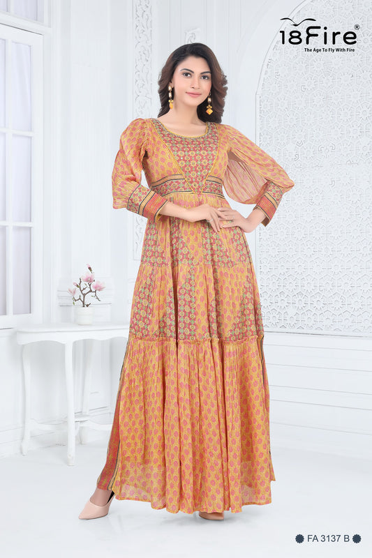 Printed Long Gown made from Chanderi Silk with hint of fancy border work to give classy look
