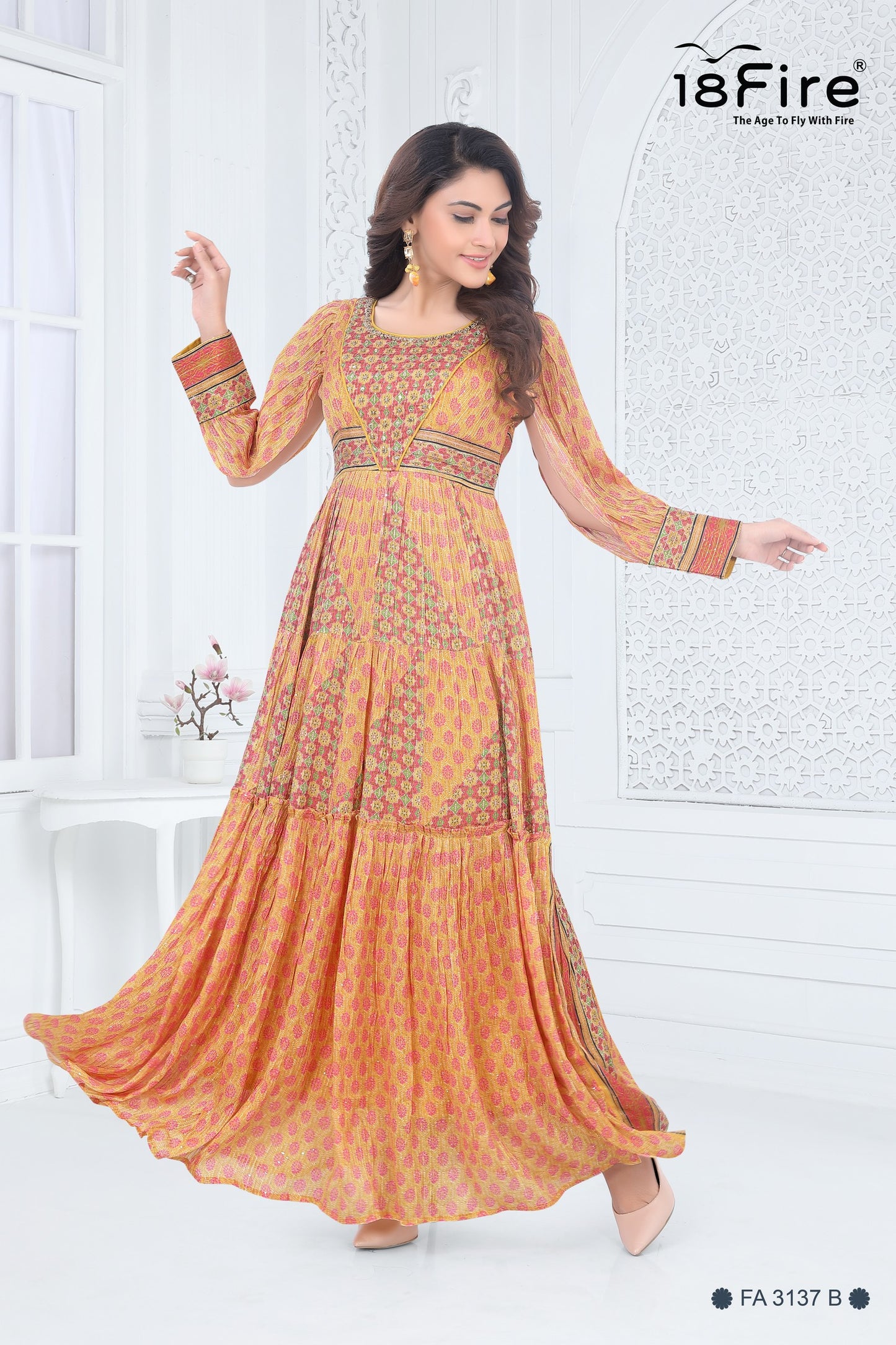 Printed Long Gown made from Chanderi Silk with hint of fancy border work to give classy look