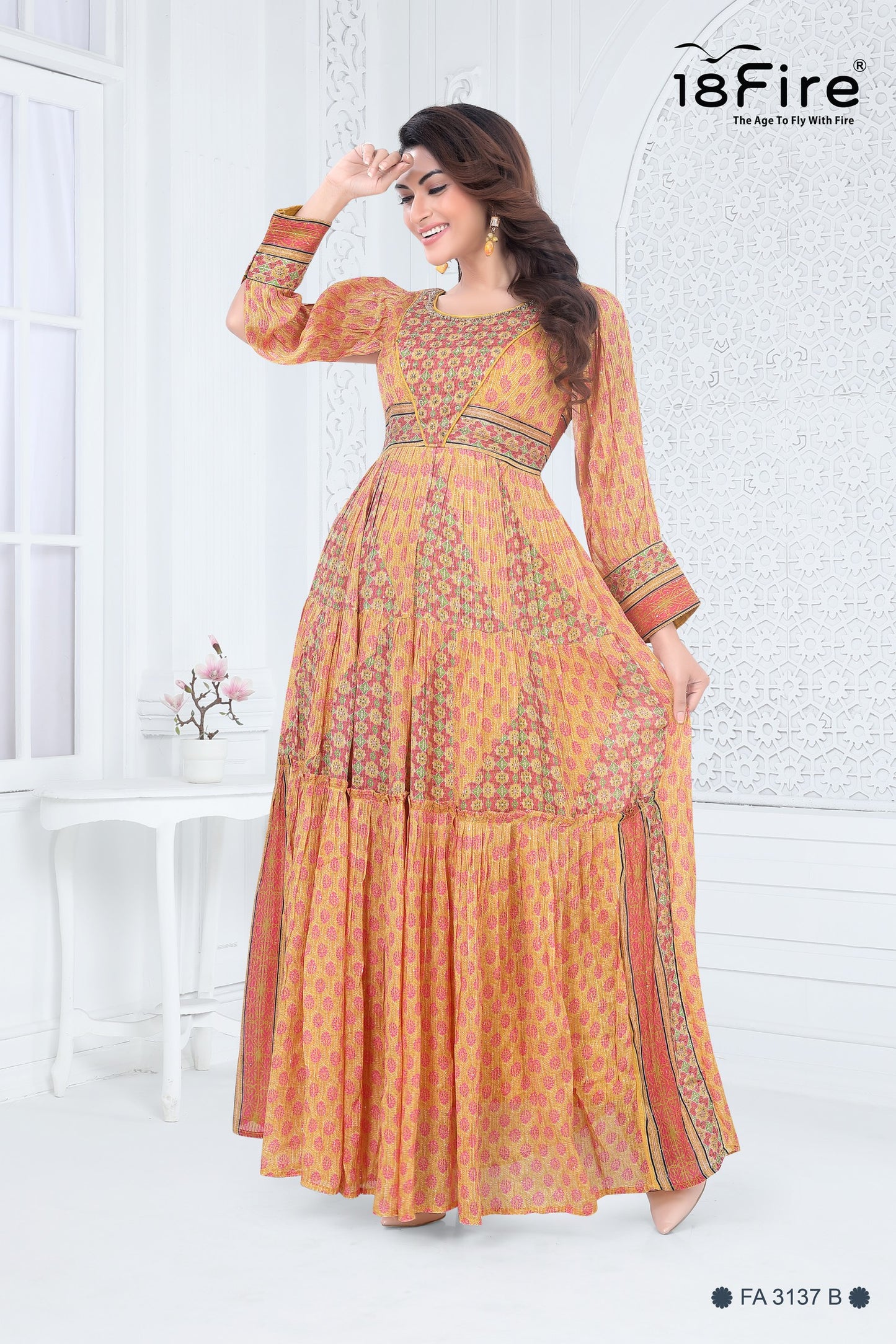 Printed Long Gown made from Chanderi Silk with hint of fancy border work to give classy look