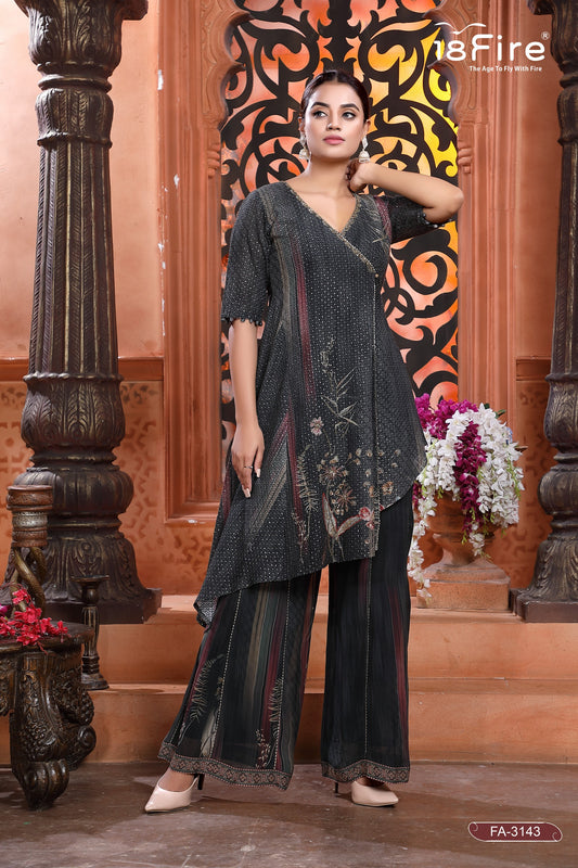 Designer Kurti with asymmetrical styling paired with matching bottom
