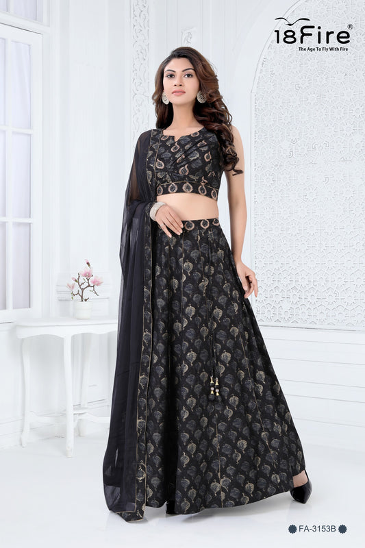 Croptop style Choli paired with flared lehenga skirt and matching dupatta