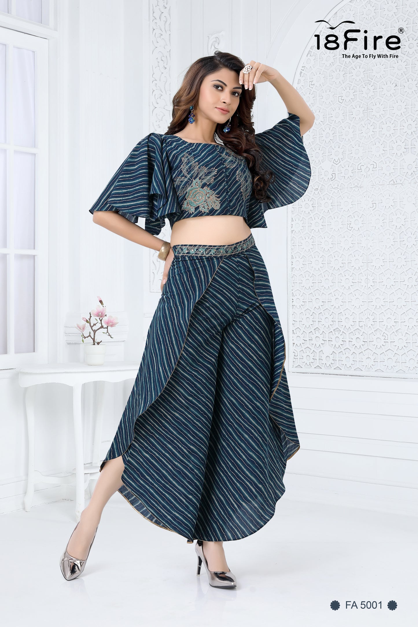 Stripes & Floral Print Fusion Crop Top With Palazzo & Dupatta Set