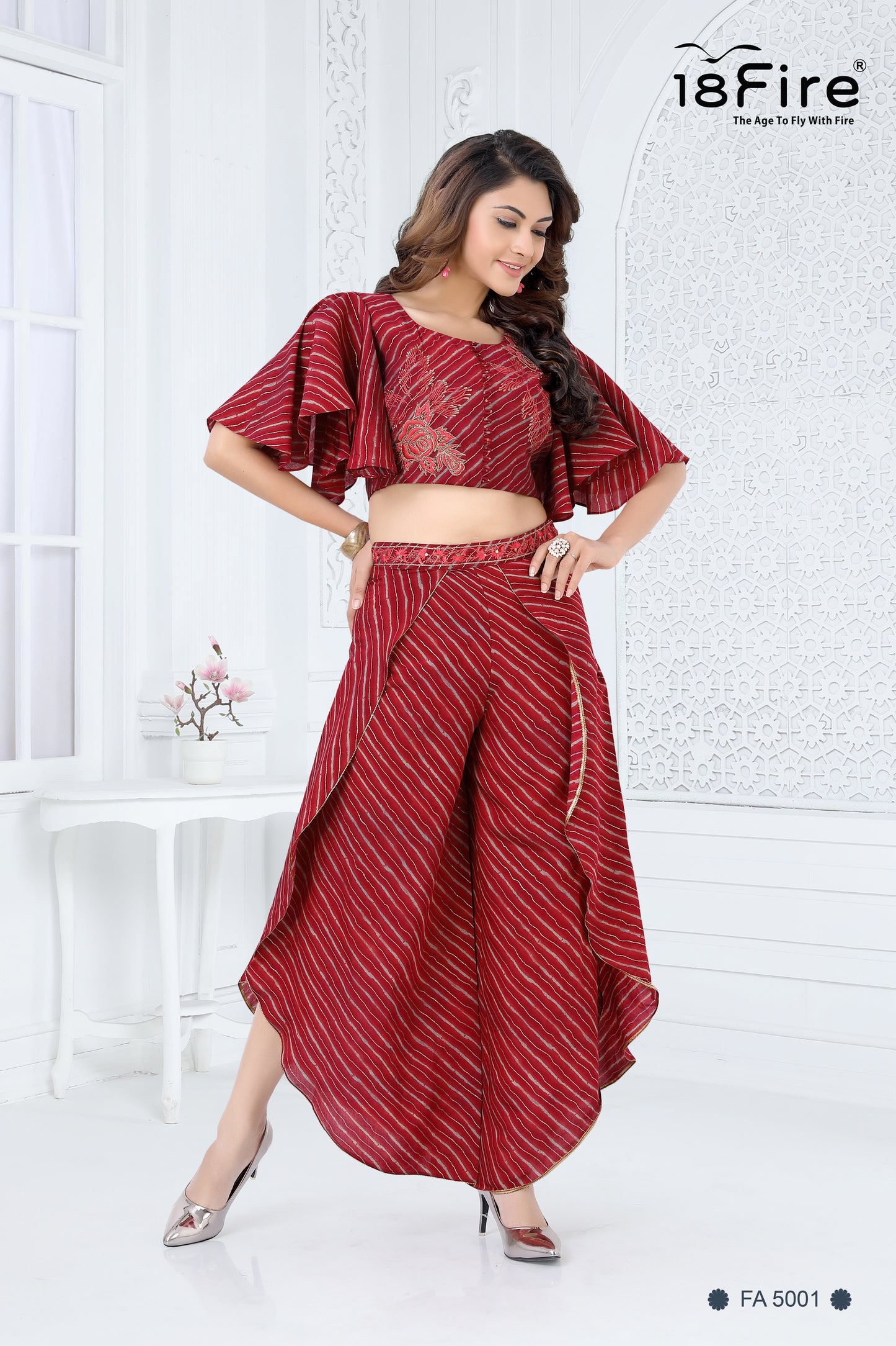 Strips & Floral Print Fusion Crop Top with Palazzo Pant Dupatta Set