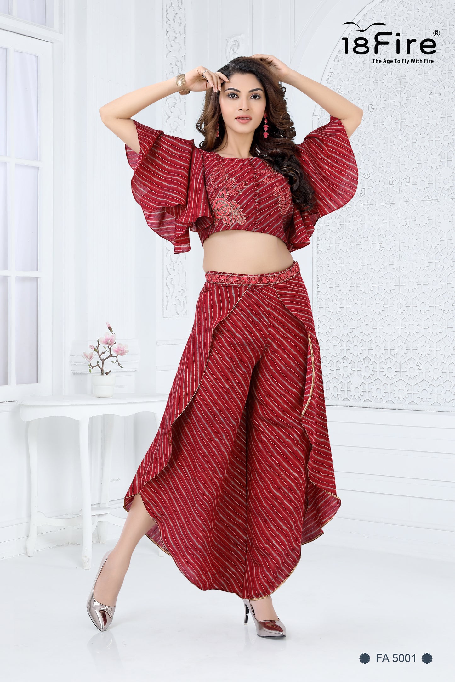 Strips & Floral Print Fusion Crop Top with Palazzo Pant Dupatta Set