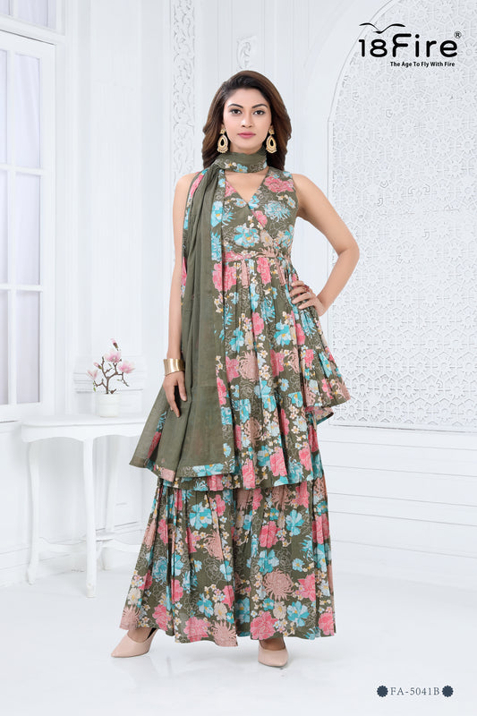 Flared Style V neck Designer Kurti with matching palazzo and dupatta (FA5041B)