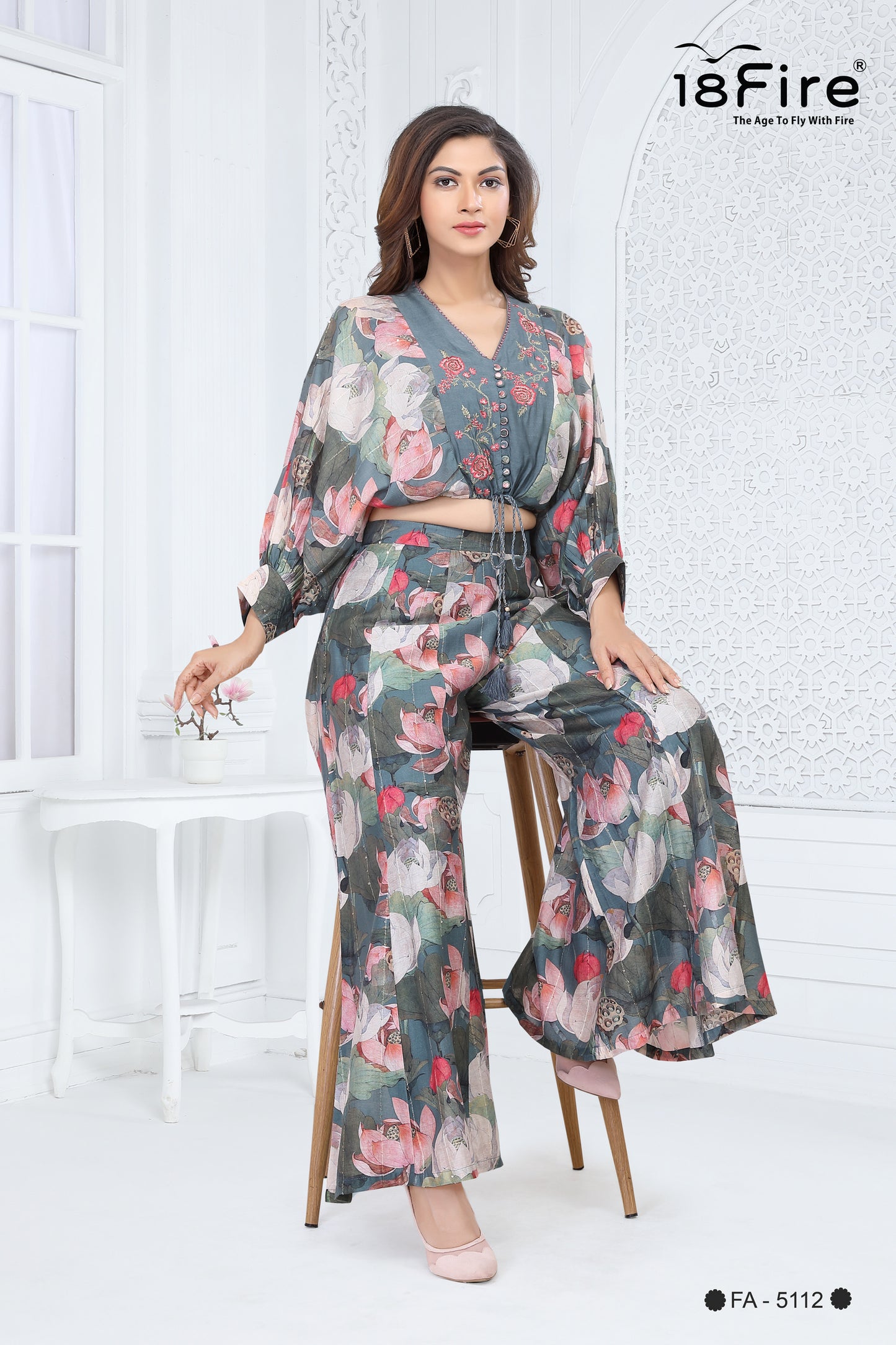 2 Pcs Designer Set (Detailed worked fancy crop top with matching palazzo pant) (FA5112)