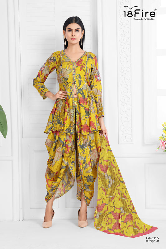 Minimal Flower Print Kurti with Dhoti Style Pant and matching dupatta (FA5115B)