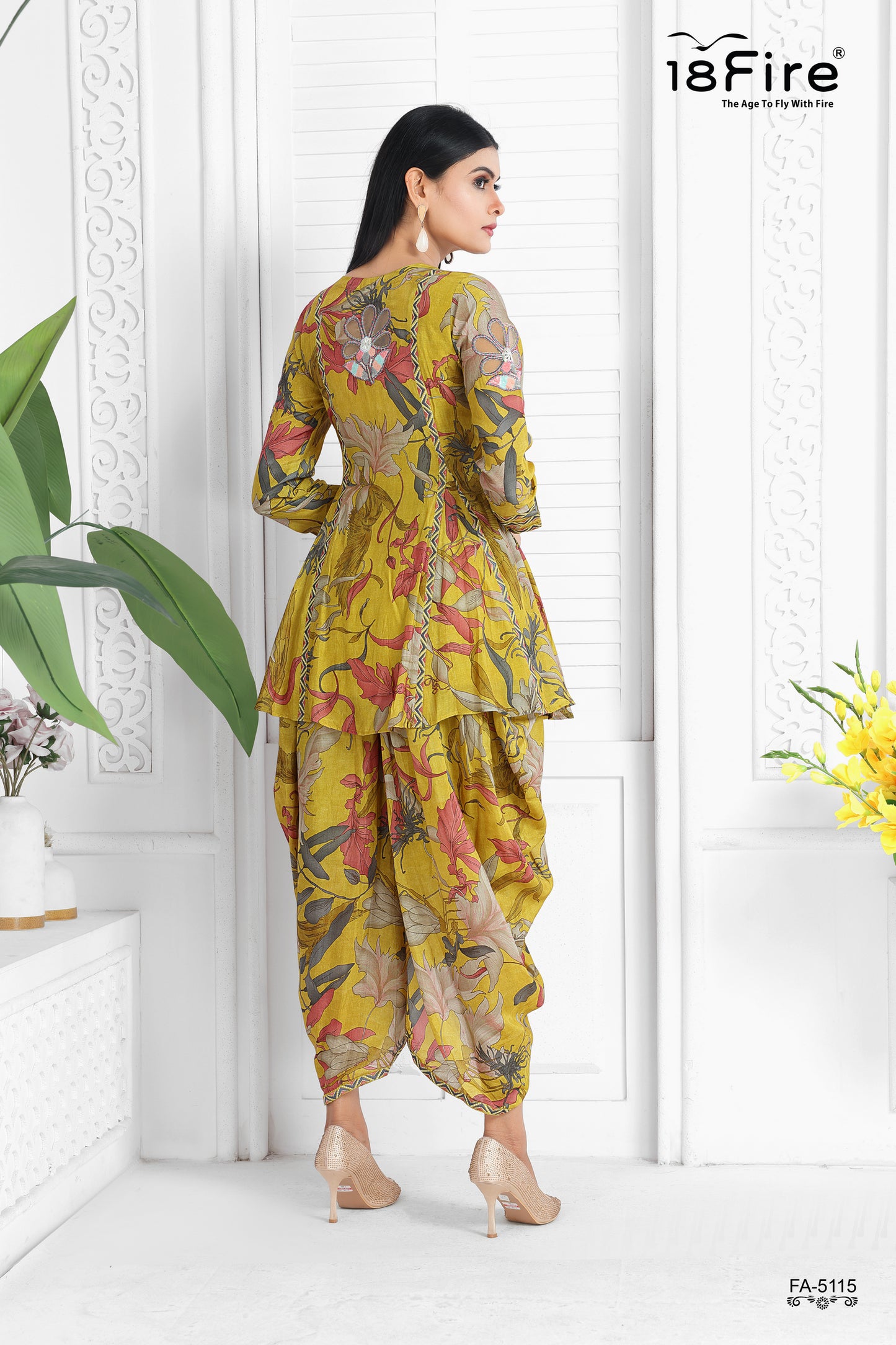 Minimal Flower Print Kurti with Dhoti Style Pant and matching dupatta (FA5115B)