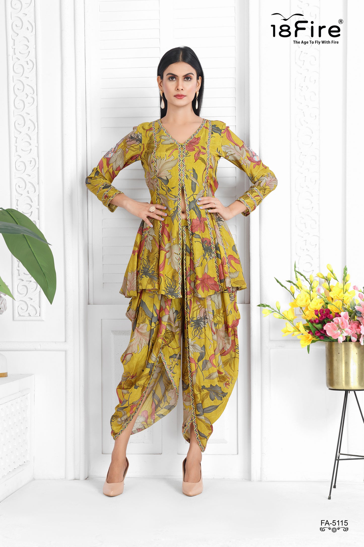 Minimal Flower Print Kurti with Dhoti Style Pant and matching dupatta (FA5115B)