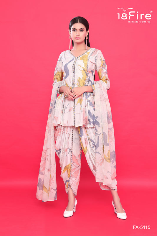 Minimal Flower Print Kurti with Dhoti Style Pant and matching dupatta (FA5115A)